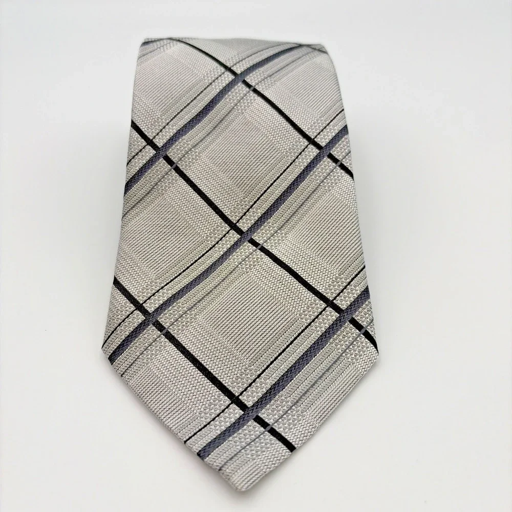 Etro Silk Tie Mens One Size Grey Black Plaid Woven Geometric Made in Italy
